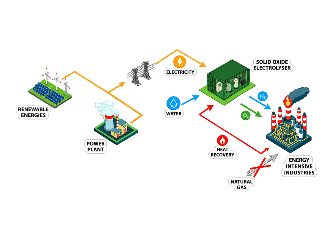 Flow diagram: renewable energies and a power plant supply electricity to the grid; electricity and water feed the solid oxide electrolyser, which returns hydrogen and oxygen to energy-intensive industries. Waste heat is recovered from those industries back to the electrolyser, replacing natural gas.