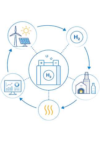 The INDTEGRATE cycle: renewable wind and solar electricity feeds a solid oxide electrolyser that produces green hydrogen; the hydrogen fuels high-temperature ceramic and glass furnaces; waste heat from those furnaces returns to the electrolyser; and digital twins monitor and optimise the whole loop.